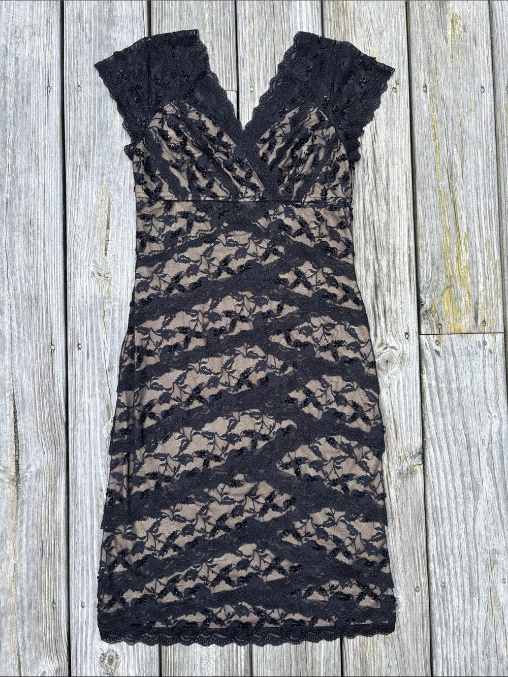 Marina Black Beaded Lace Whimsigoth Cocktail Dress Tan Nude Lining V-Neck Size 6